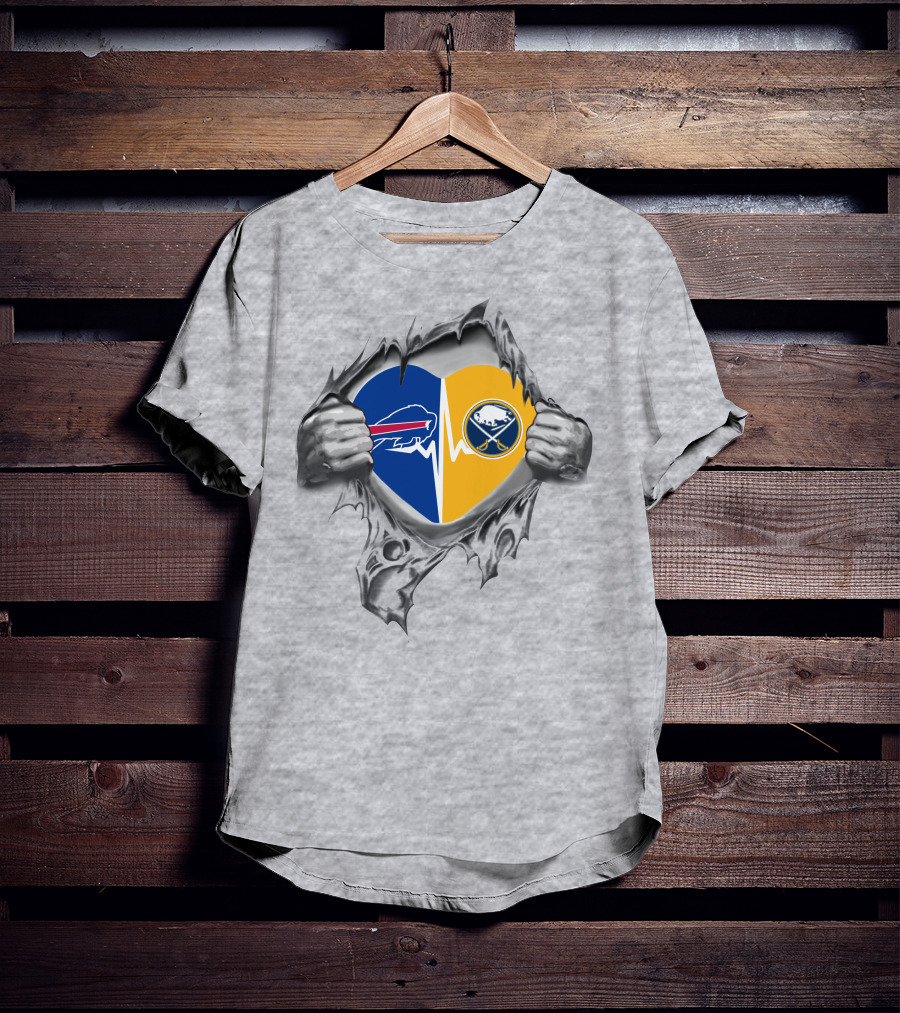 Bills Sabres Heart Torn Fabric Combined Team Logos Inside T-Shirt