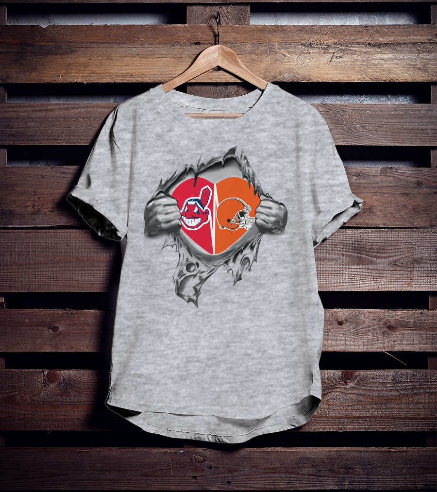Browns Indians Heart Helmet Chief Wahoo Hands Split Tear T-Shirt