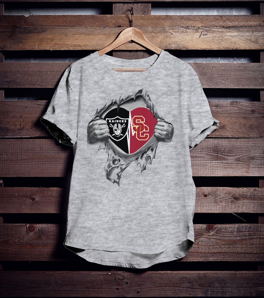 Raiders Sc Trojans Heart Symbol With Hands Ripping Logo Fusion T-Shirt
