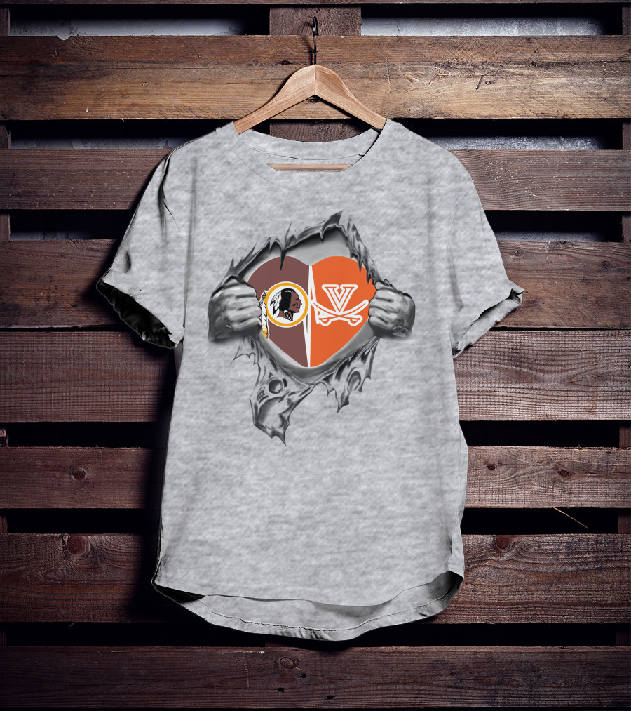 Redskins Cavaliers Heart Design With Washington And Virginia Logos T-Shirt