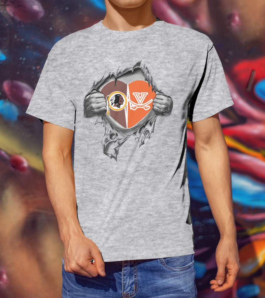 Redskins Cavaliers Heart Design With Washington And Virginia Logos T-Shirt