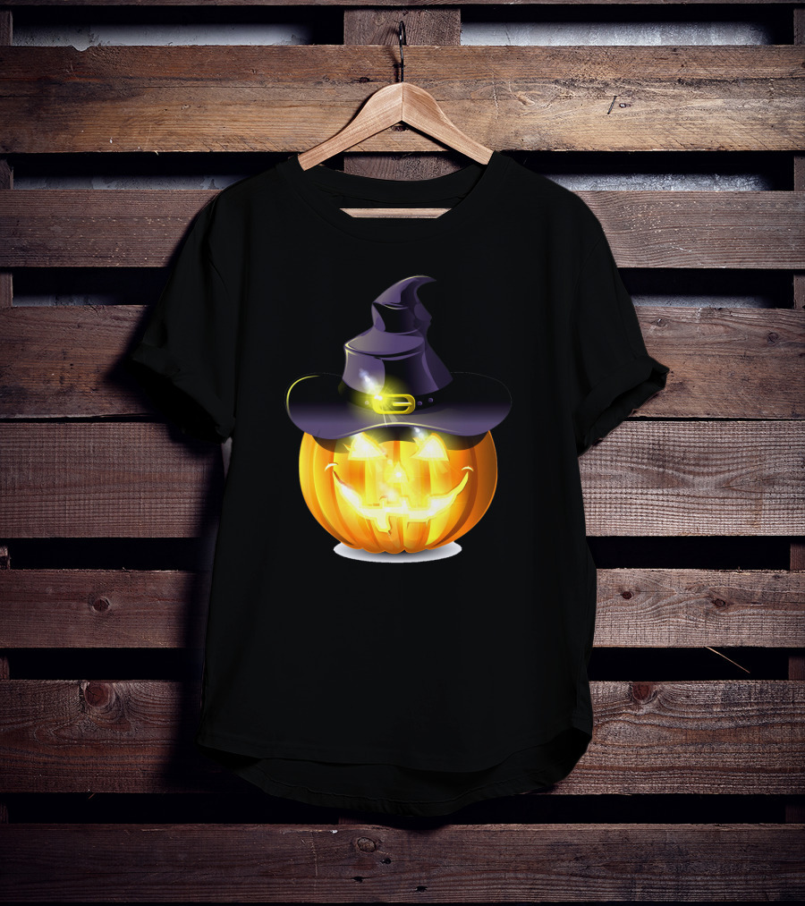 Halloween Pumpkin With Witch Hat And Glowing Smile T-Shirt