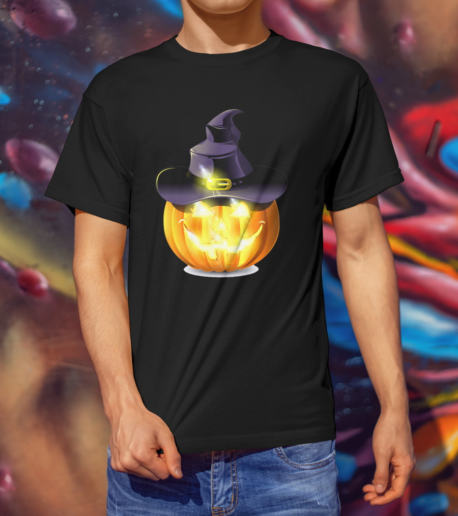 Halloween Pumpkin With Witch Hat And Glowing Smile T-Shirt