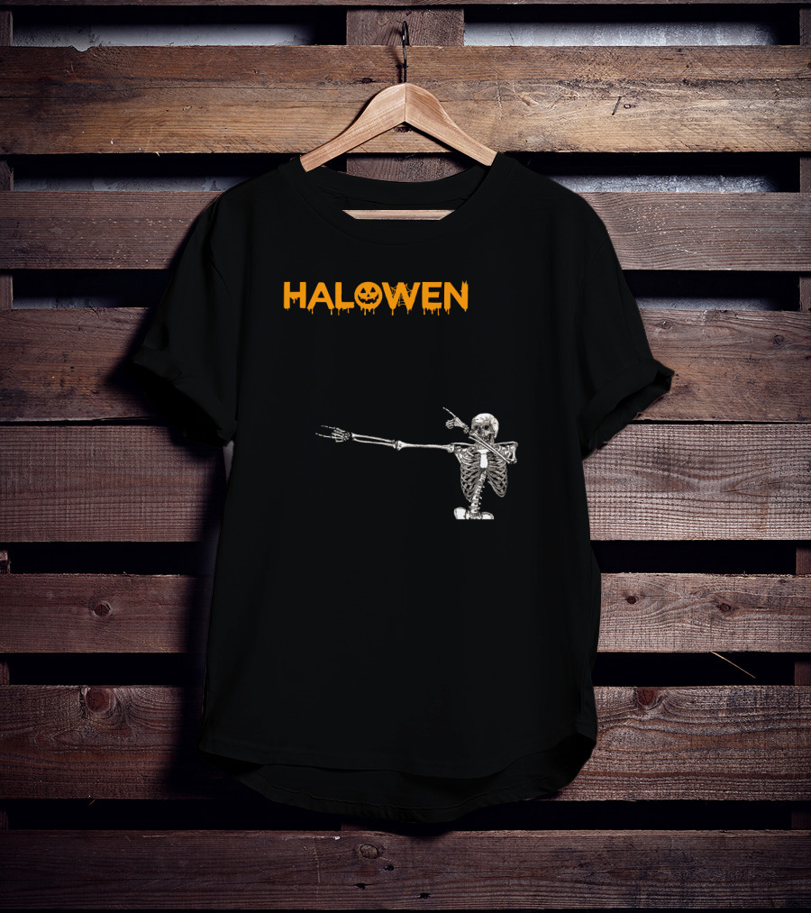 Halowen Skeleton Dabbing With Pumpkin Face T-Shirt