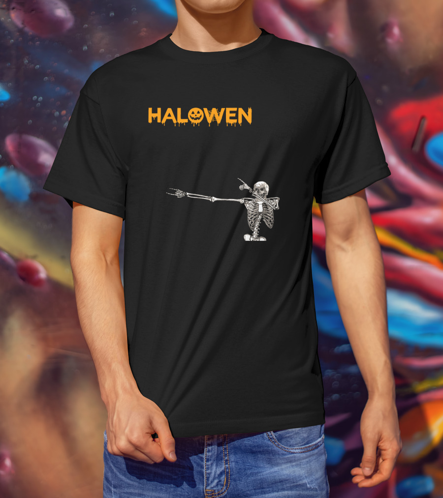 Halowen Skeleton Dabbing With Pumpkin Face T-Shirt