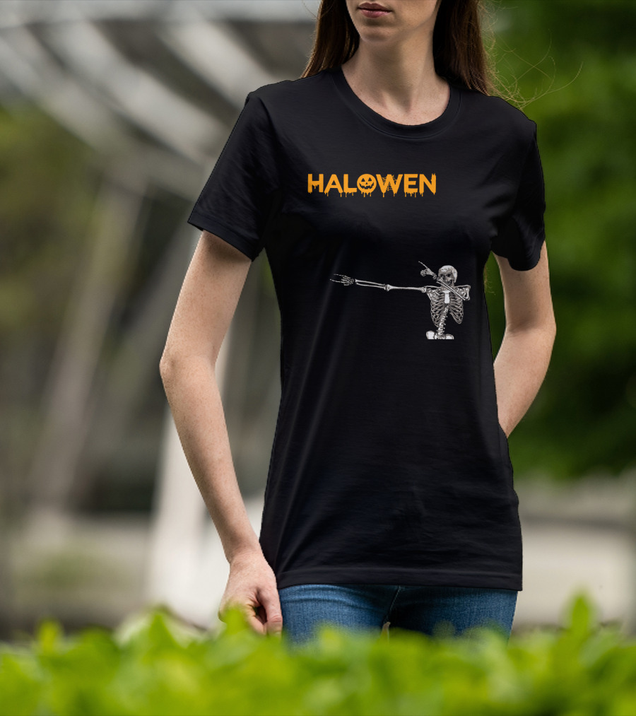 Halowen Skeleton Dabbing With Pumpkin Face T-Shirt