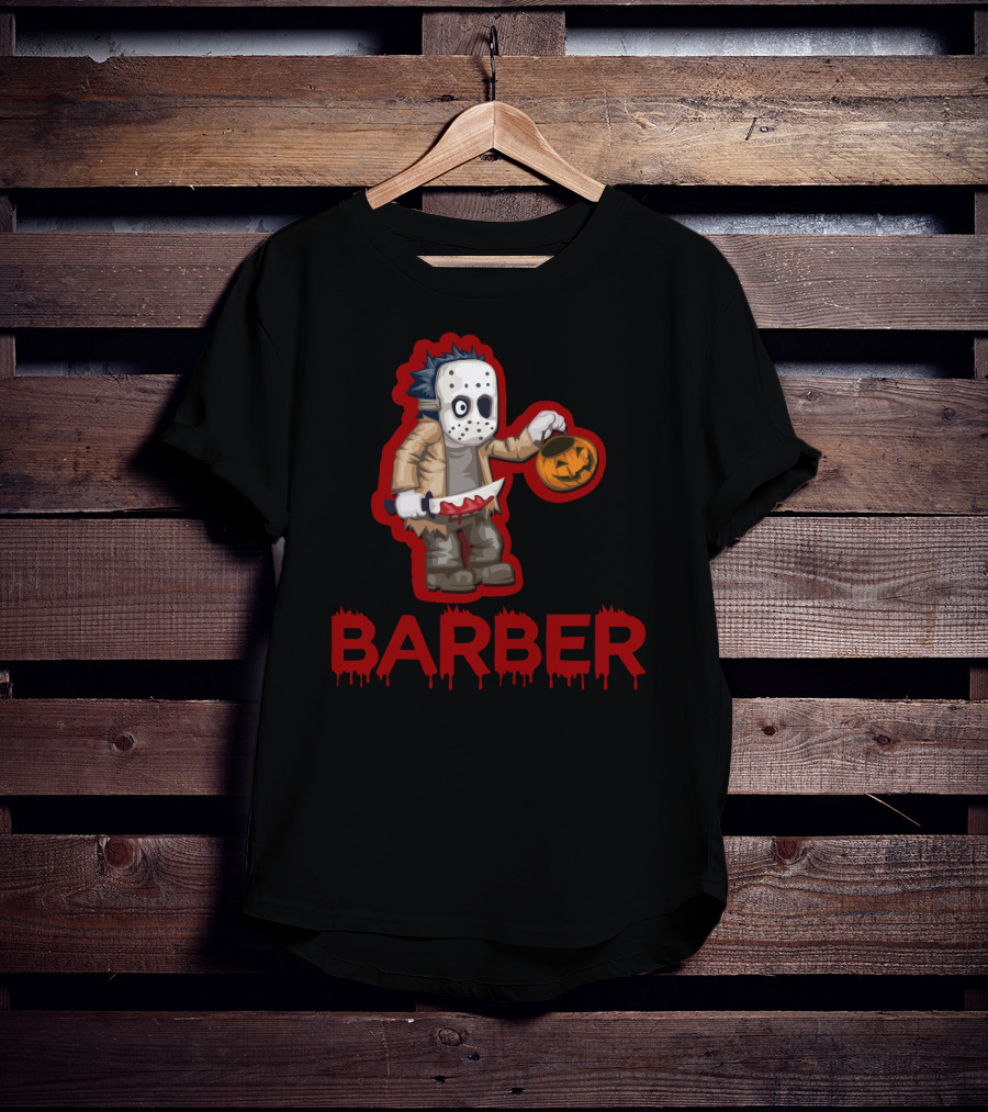 Halloween Barber Hairstylist Masked Horror With Pumpkin And Knife T-Shirt