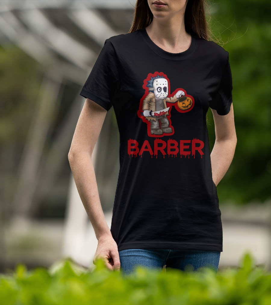 Halloween Barber Hairstylist Masked Horror With Pumpkin And Knife T-Shirt