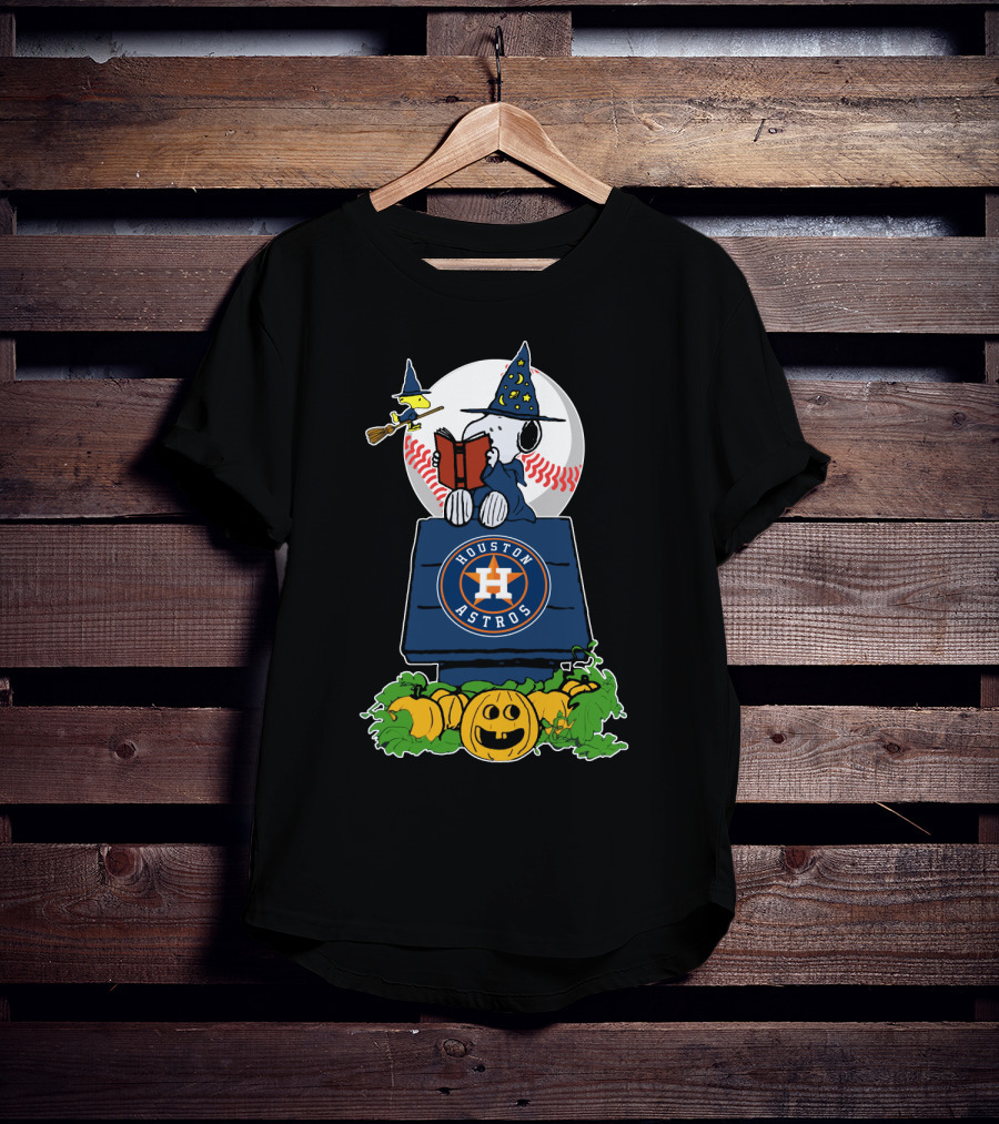 Houston Astros Halloween Snoopy And Woodstock Wizards Jack-O-Lantern Moon Baseball T-Shirt