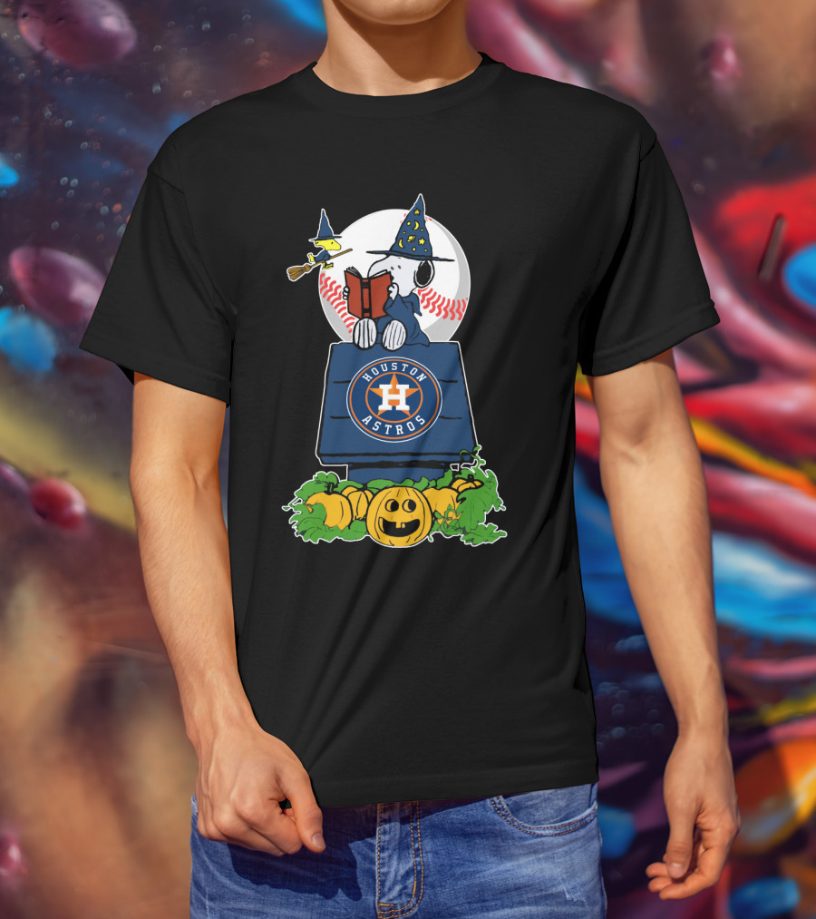 Houston Astros Halloween Snoopy And Woodstock Wizards Jack-O-Lantern Moon Baseball T-Shirt