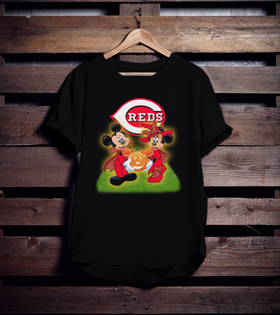 Cincinnati Reds Halloween Mickey Minnie Pumpkin T-Shirt