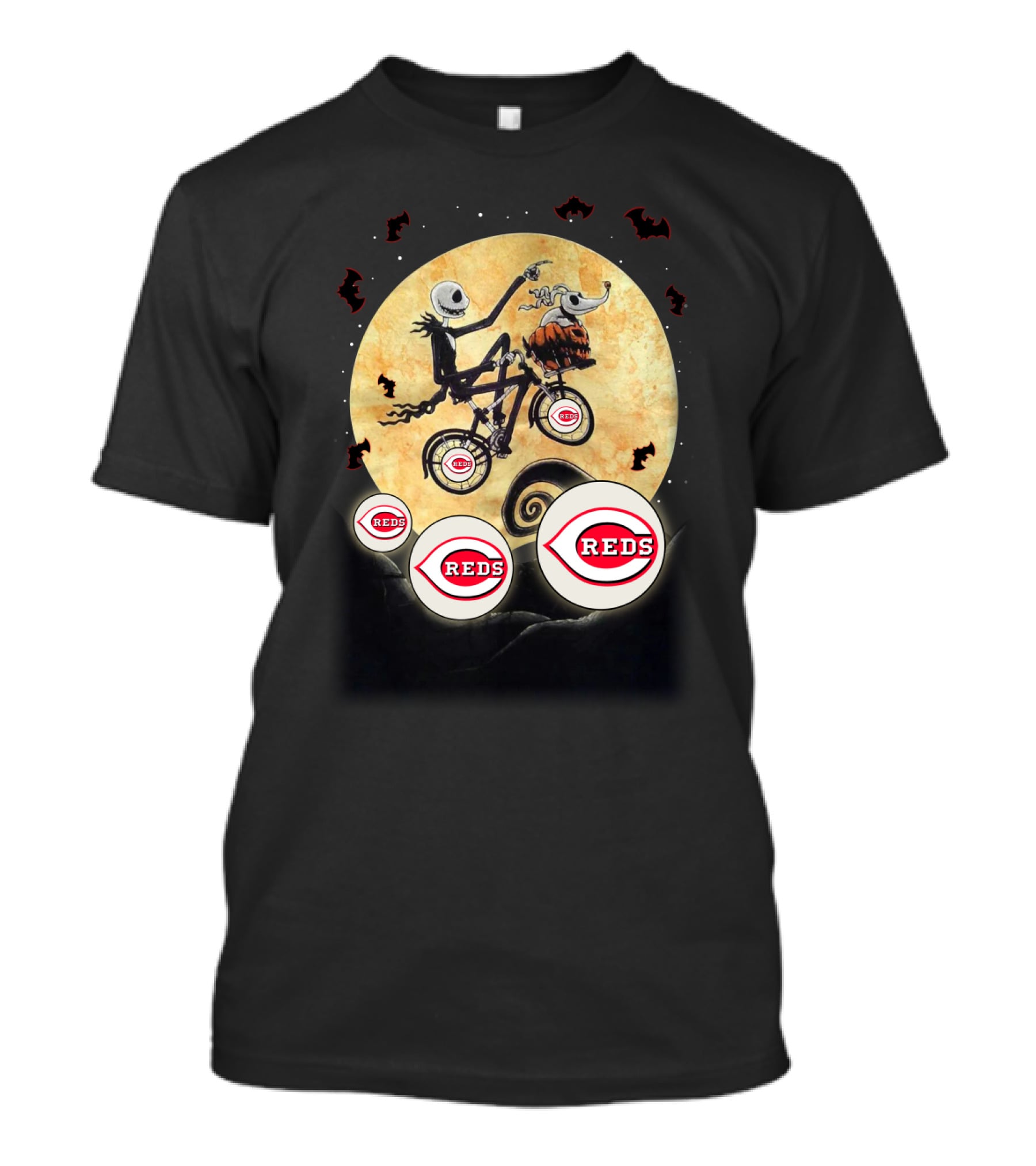 Cincinnati Reds Full Moon Halloween Bats Eerie Skeleton Character Flying Landscape T-Shirt