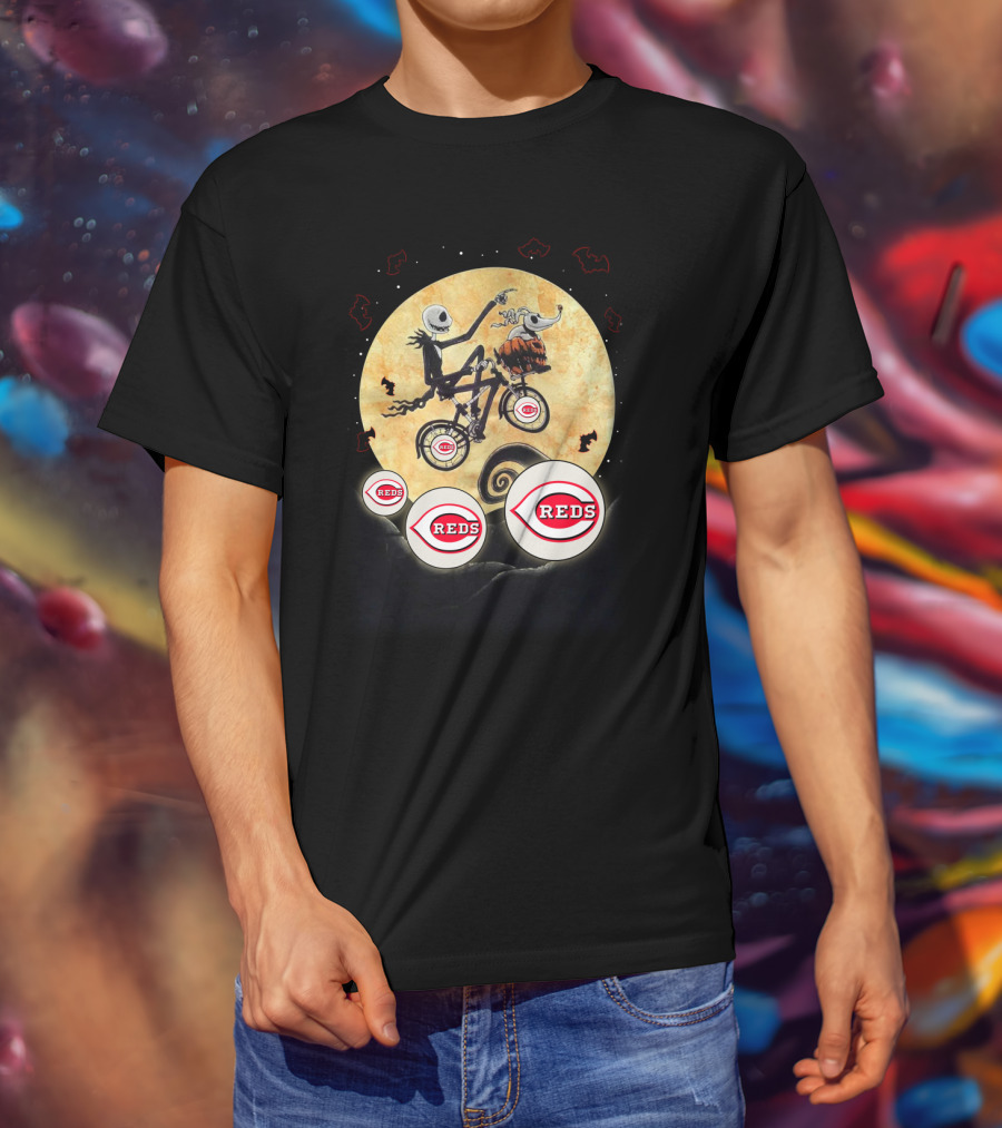 Cincinnati Reds Full Moon Halloween Bats Eerie Skeleton Character Flying Landscape T-Shirt