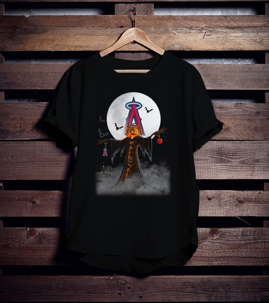 Los Angeles Angels Halloween Jack-O'-Lantern With Bats And Moon T-Shirt