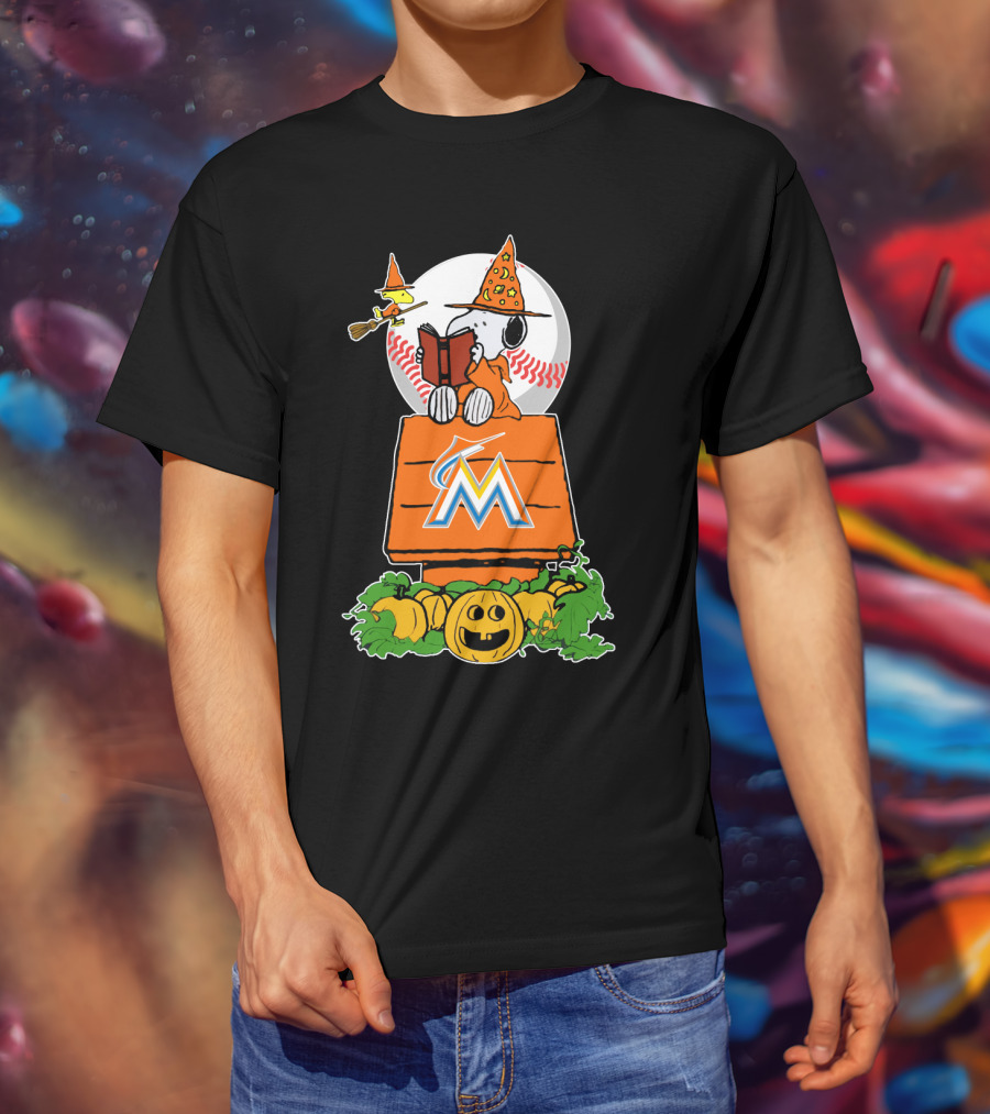 Miami Marlins Halloween Baseball Snoopy Pumpkin T-Shirt