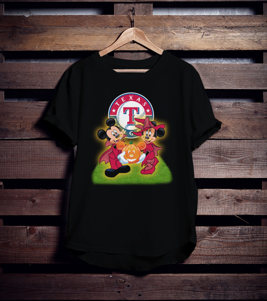 Texas Rangers Halloween Mickey And Minnie With Pumpkin T-Shirt