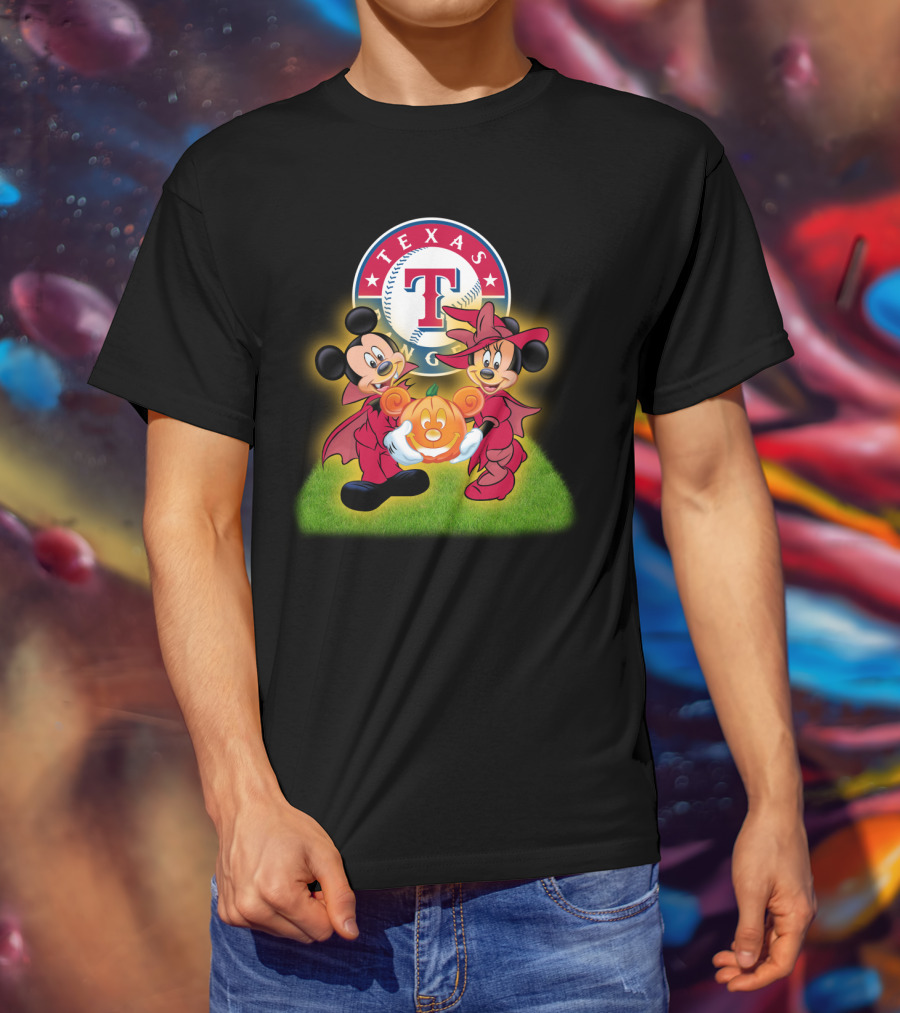 Texas Rangers Halloween Mickey And Minnie With Pumpkin T-Shirt