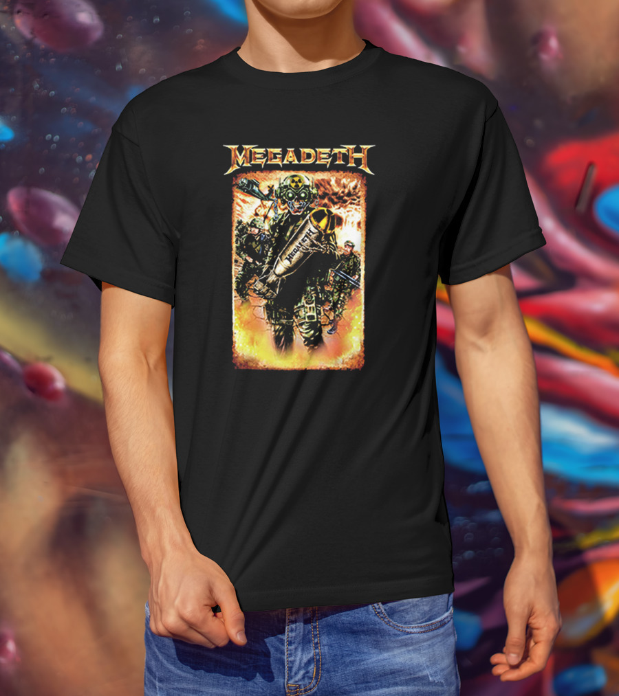 Megadeth Soldiers Holding Bomb With Radiation Symbol In Fiery T-Shirt