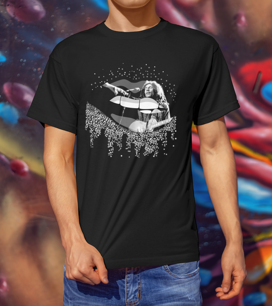 Bob Marley Black And White Lips With Guitar And Sparkle T-Shirt