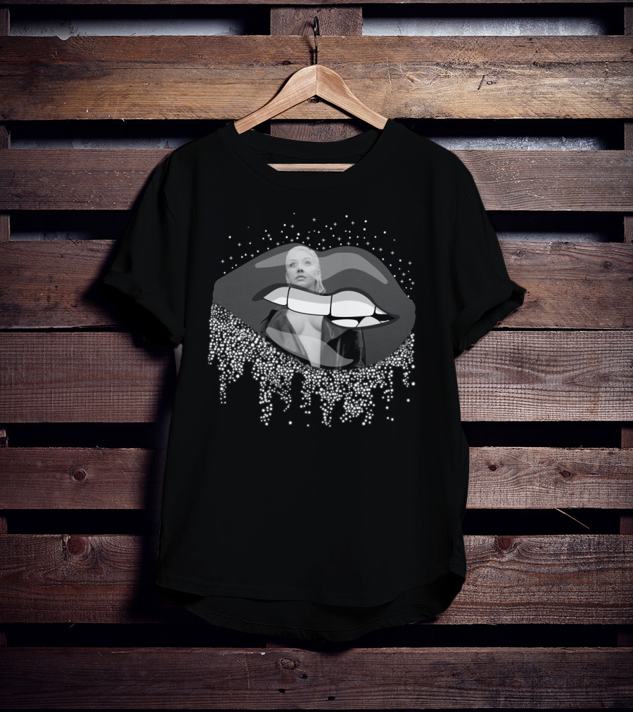 Christina Aguilera Black And White Pop Star Lips And Sparkles T-Shirt