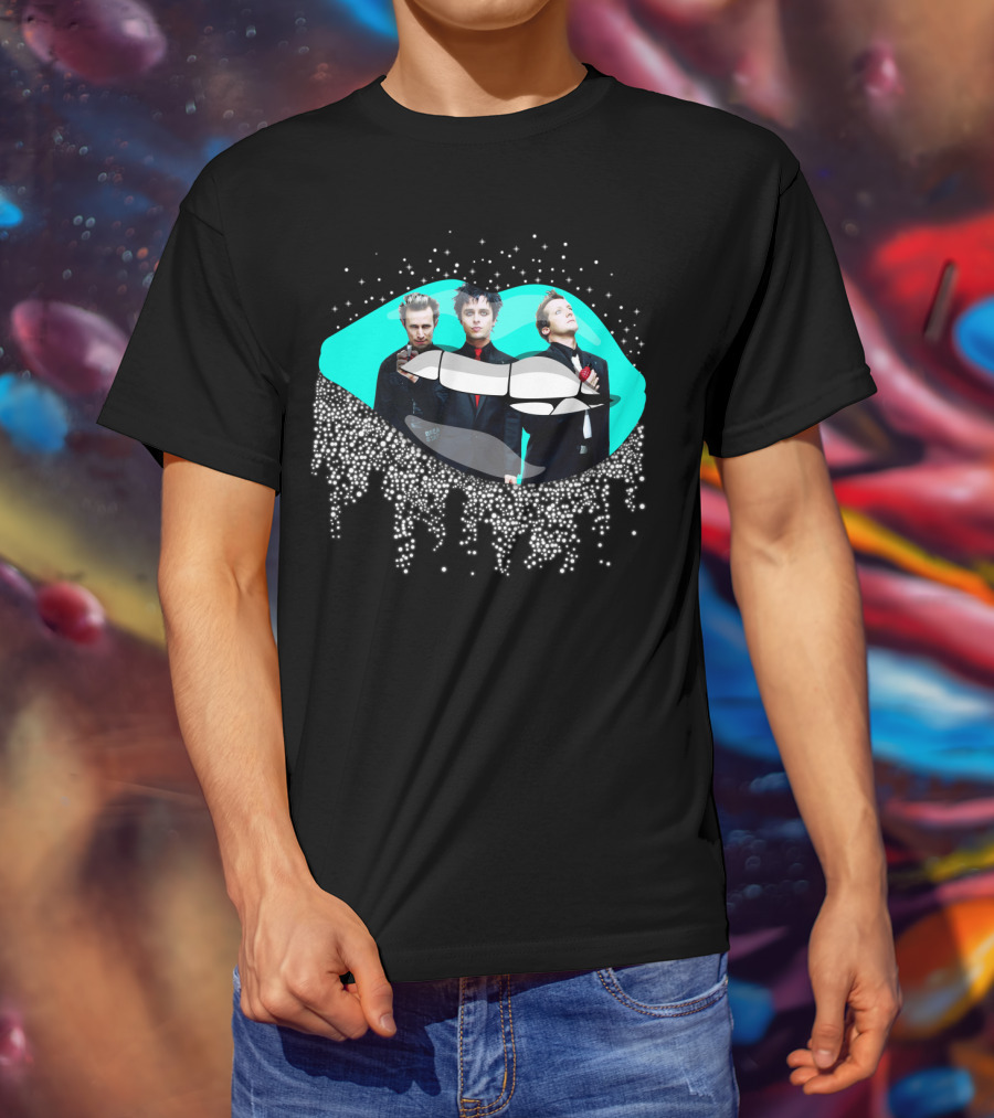 Green Day Dripping Glitter Lip Pop Art Band Members T-Shirt
