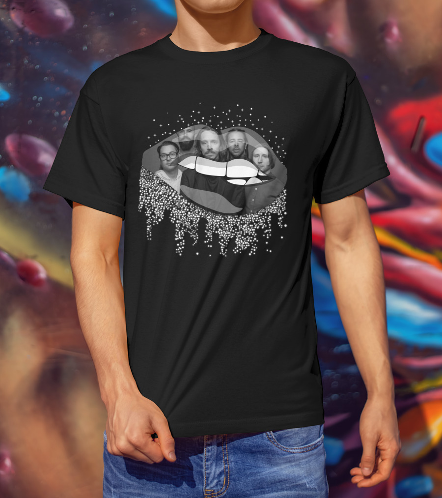 Incubus Band Members Black And White Design With Stylized Lips And Sparkling Accents T-Shirt