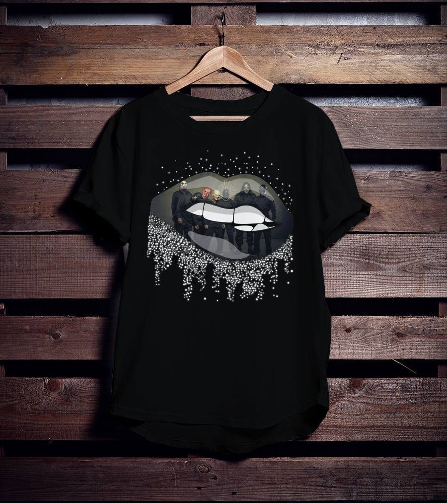 Slipknot Band Members In Dripping Lips Design With Masks And Dark T-Shirt