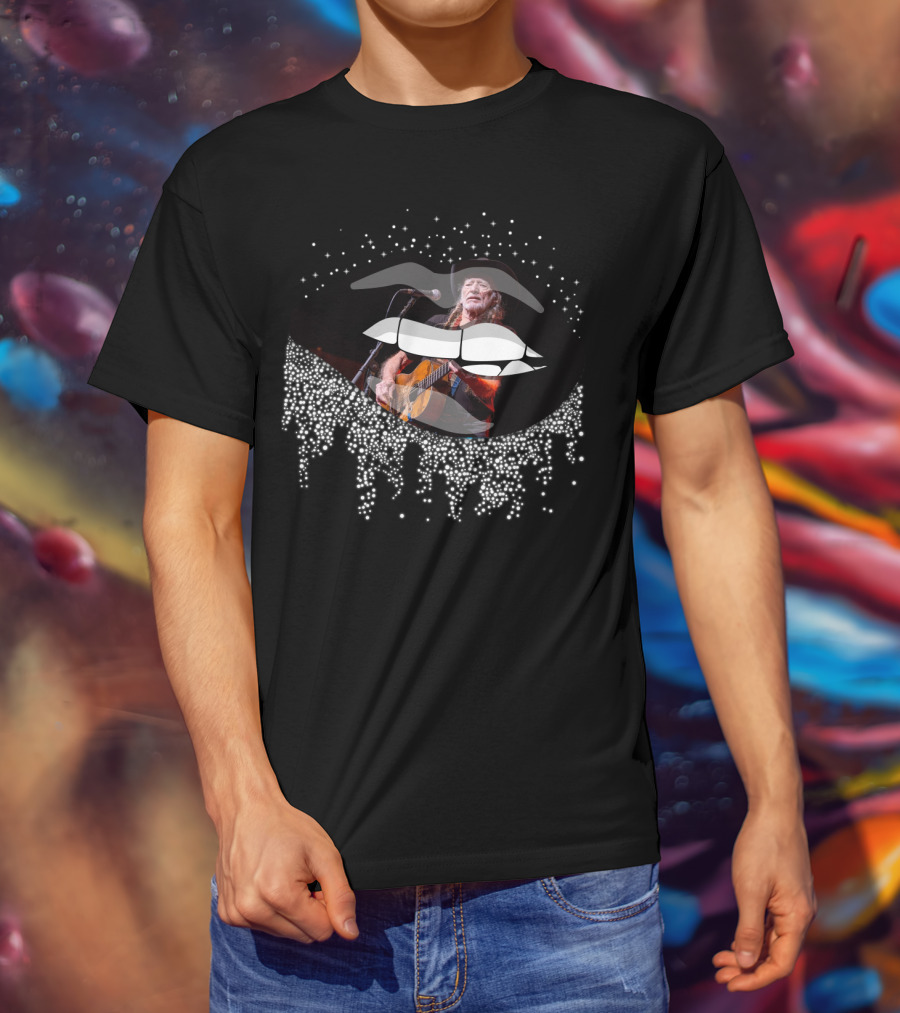 Willie Nelson Lips With Guitar And Sparkling Drips T-Shirt