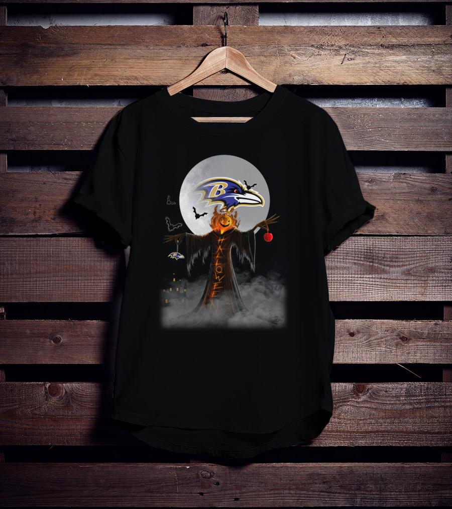 Baltimore Ravens Halloween Moon With Scarecrow And Pumpkin Head T-Shirt