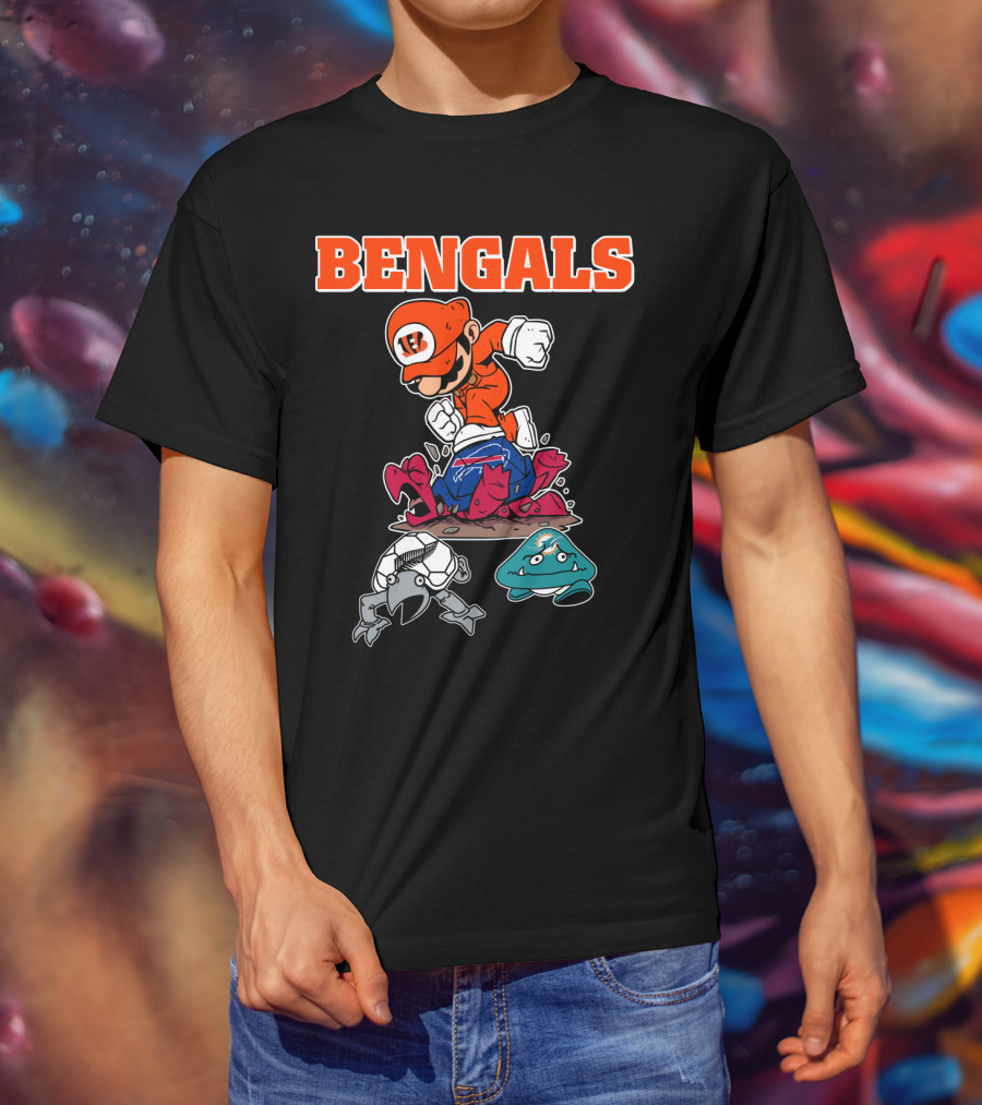 Bengals Mario Parody Knocking Out Football Opponents T-Shirt
