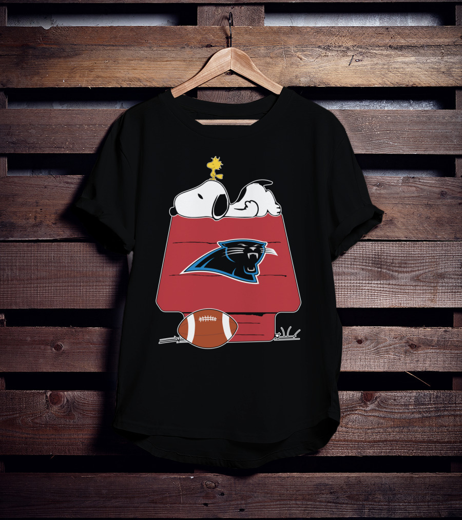 Snoopy And Woodstock On Doghouse With Carolina Panthers Logo And Football T-Shirt