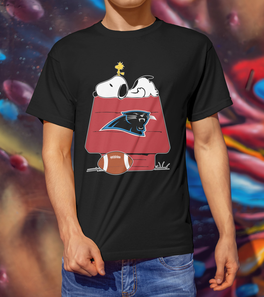 Snoopy And Woodstock On Doghouse With Carolina Panthers Logo And Football T-Shirt