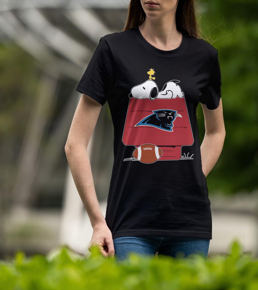 Snoopy And Woodstock On Doghouse With Carolina Panthers Logo And Football T-Shirt