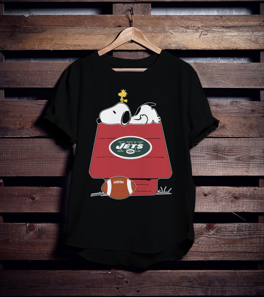 Snoopy On Doghouse With New York Jets Football Logo And Woodstock T-Shirt