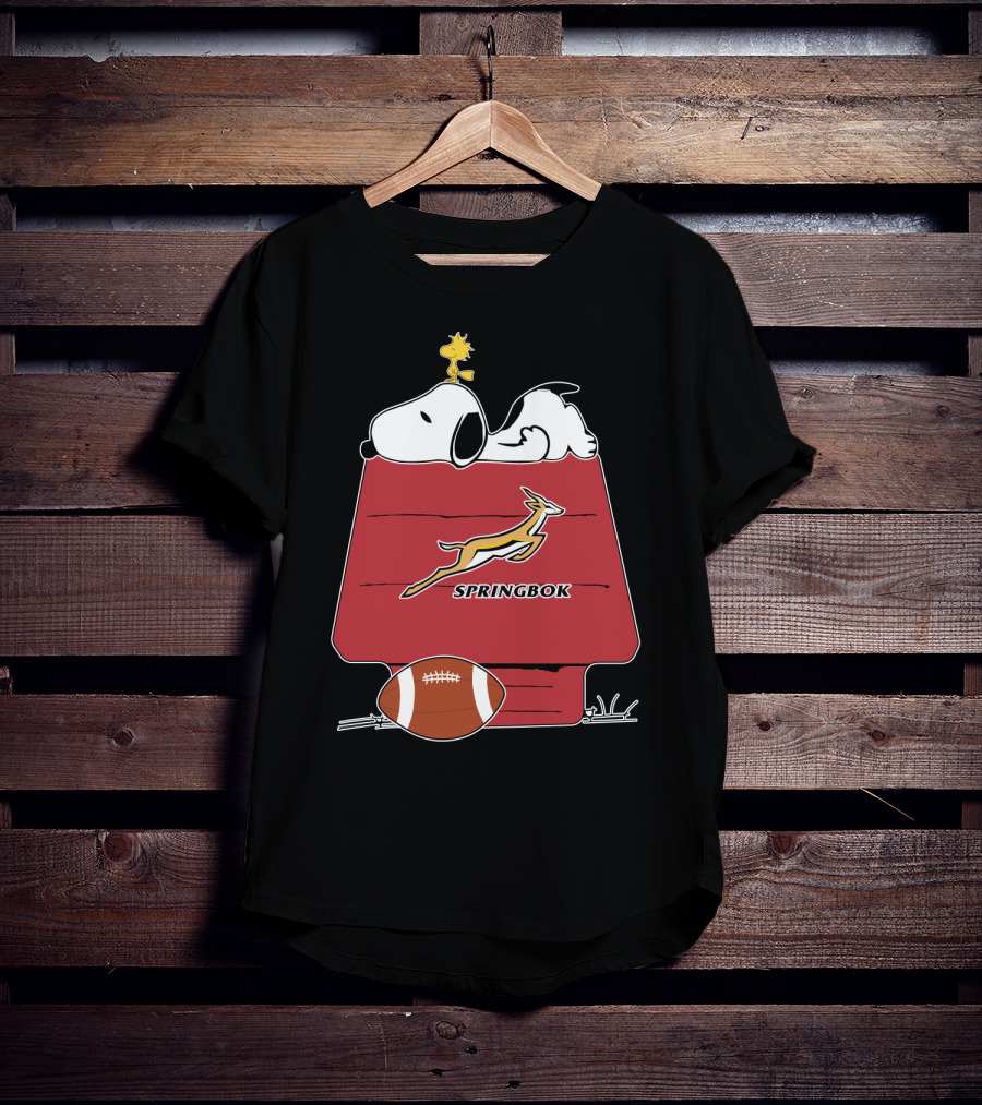 Snoopy Springbok Rugby House With Football And Woodstock T-Shirt