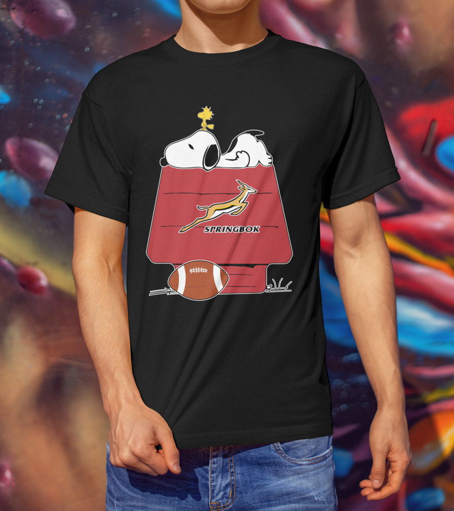 Snoopy Springbok Rugby House With Football And Woodstock T-Shirt