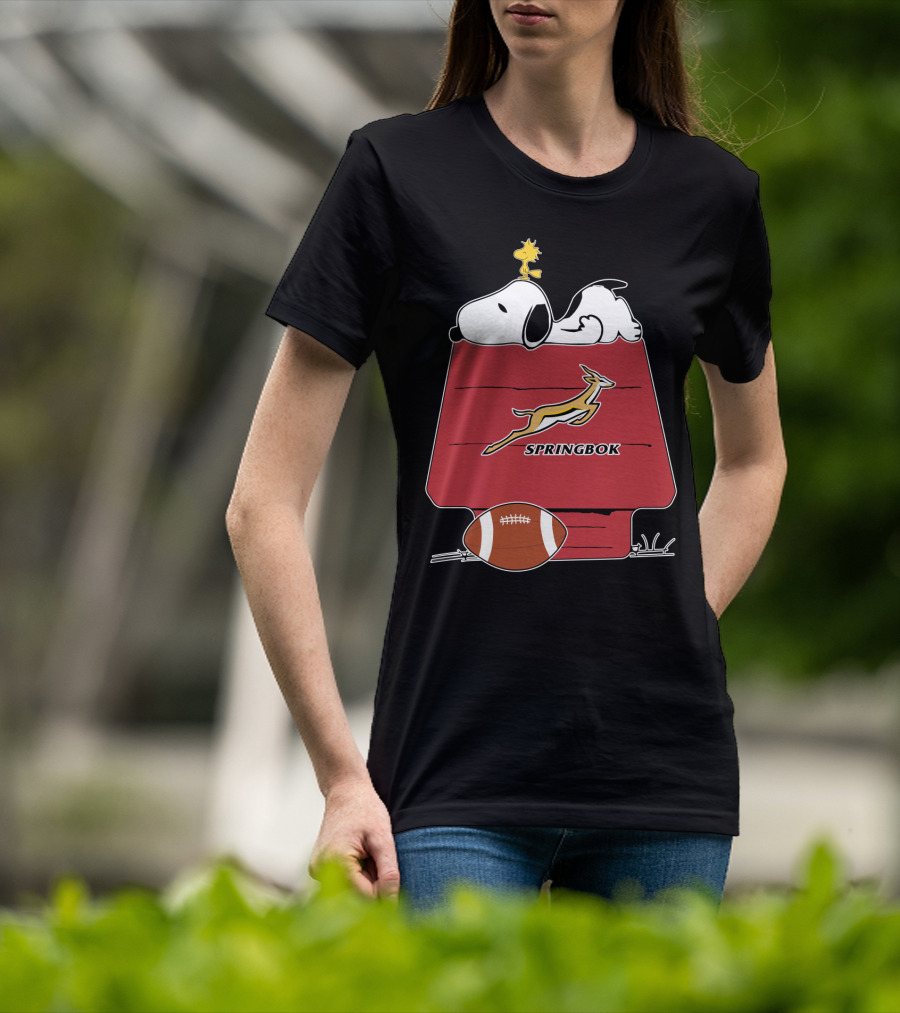 Snoopy Springbok Rugby House With Football And Woodstock T-Shirt
