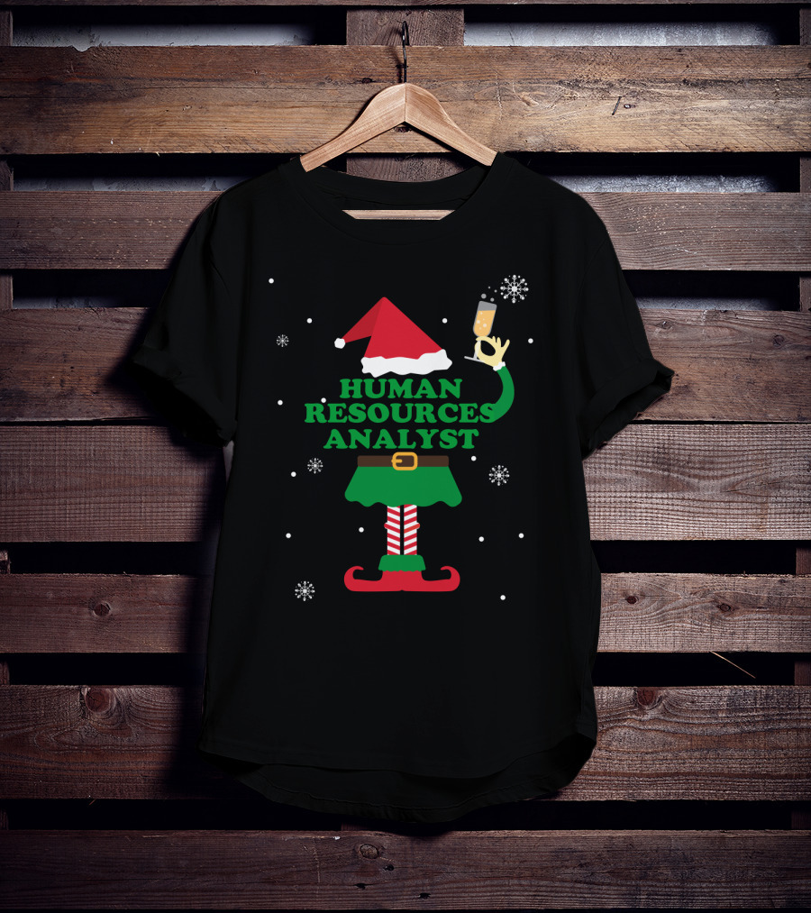Human Resources Analyst Elf With Champagne Holiday Theme Snowflakes T-Shirt