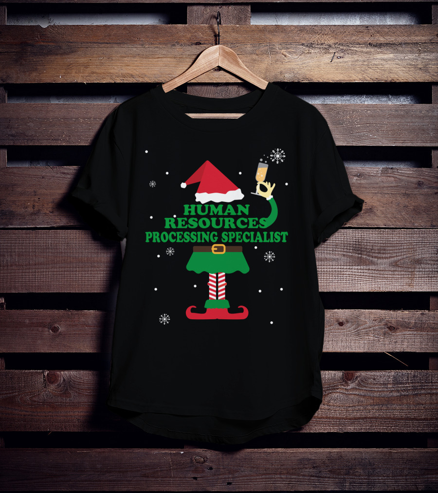 Human Resources Processing Specialist Elf With Santa Hat And Champagne Glass T-Shirt