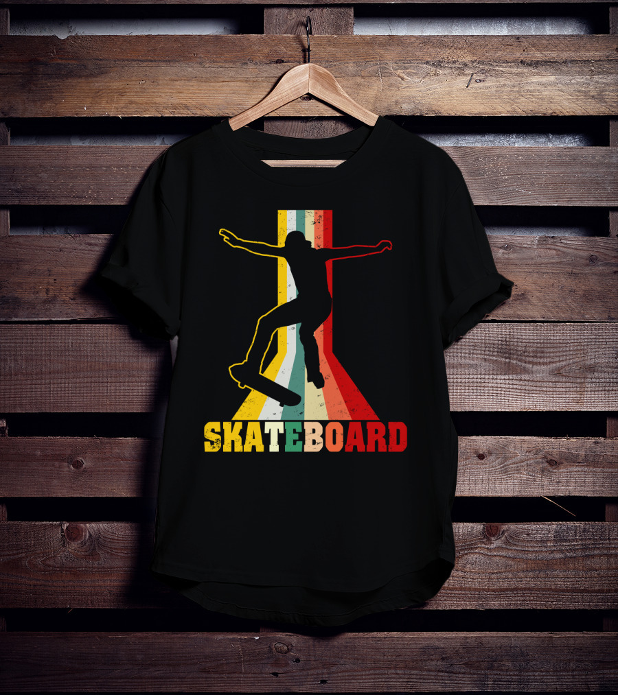 Retro Skateboard Silhouette With Vintage Color Stripes T-Shirt