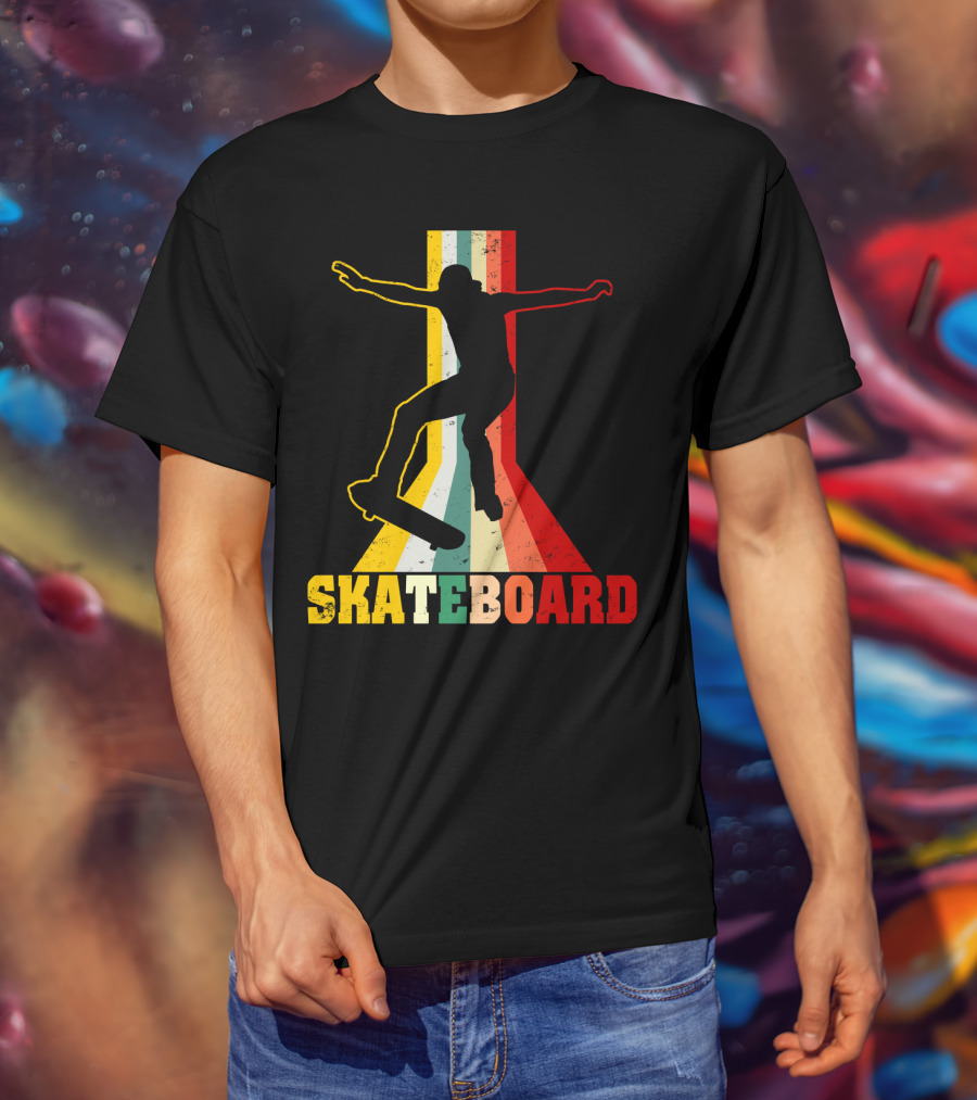 Retro Skateboard Silhouette With Vintage Color Stripes T-Shirt