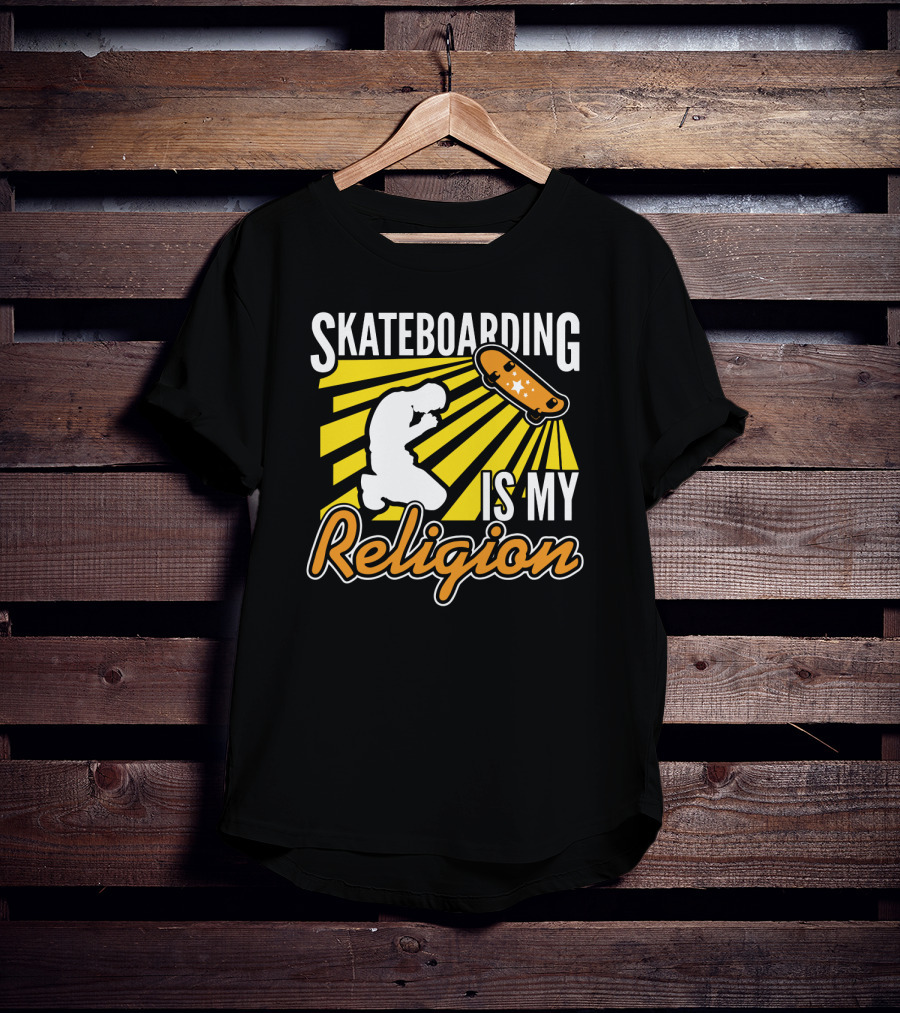Skateboarding Is My Religion Kneeling Silhouette With Skateboard And Sunburst T-Shirt