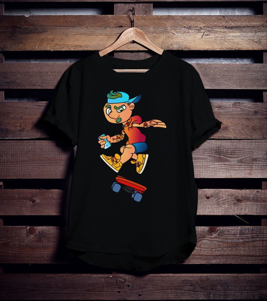 Skaterboi Colorful Cartoon Character With Cap And Skateboard T-Shirt