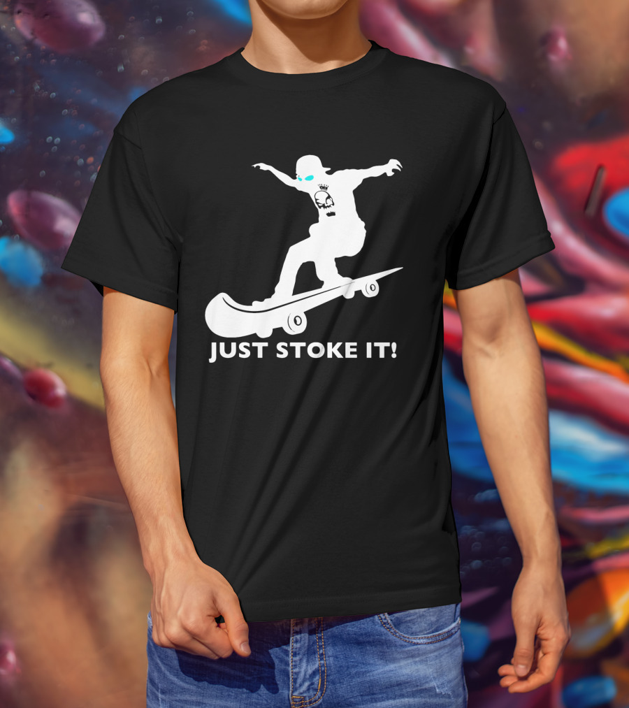 JUST STOKE IT Skateboarding Silhouette Skull T-Shirt