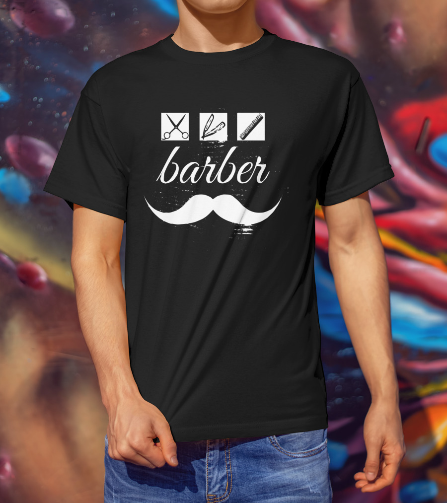 Barber Scissors Comb Razor Moustache Icon Trio T-Shirt