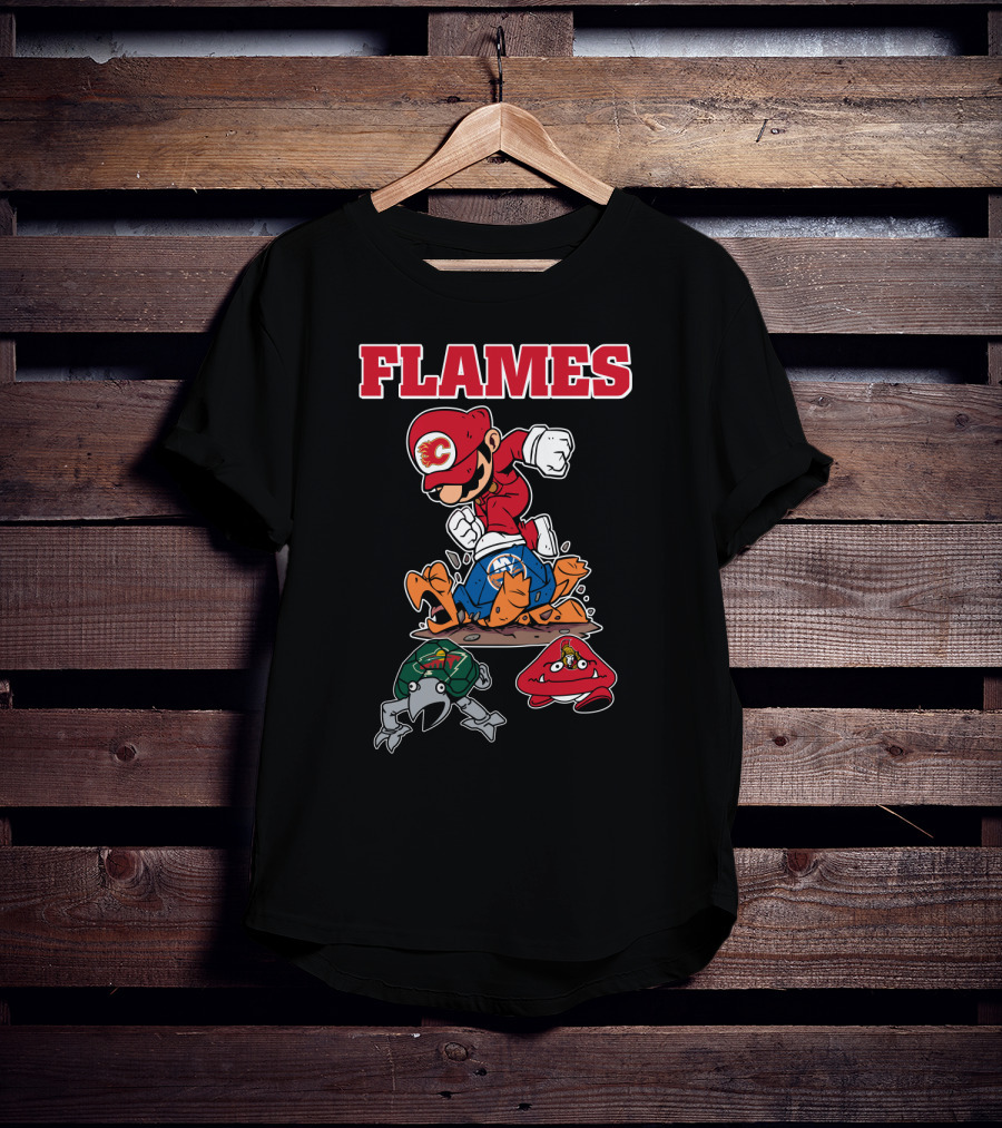 Calgary Flames Mario Parody Hockey Characters Retro Style T-Shirt