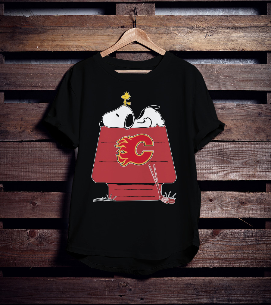 Snoopy And Woodstock On Calgary Flames Logo House T-Shirt