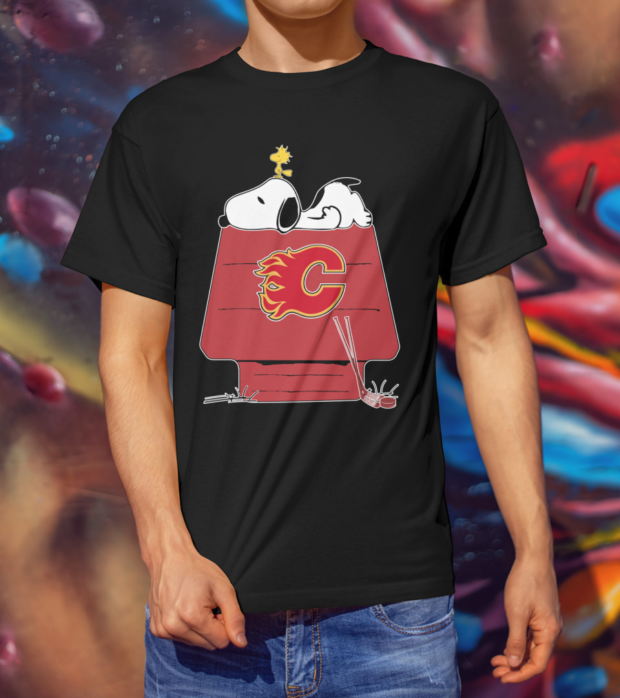 Snoopy And Woodstock On Calgary Flames Logo House T-Shirt