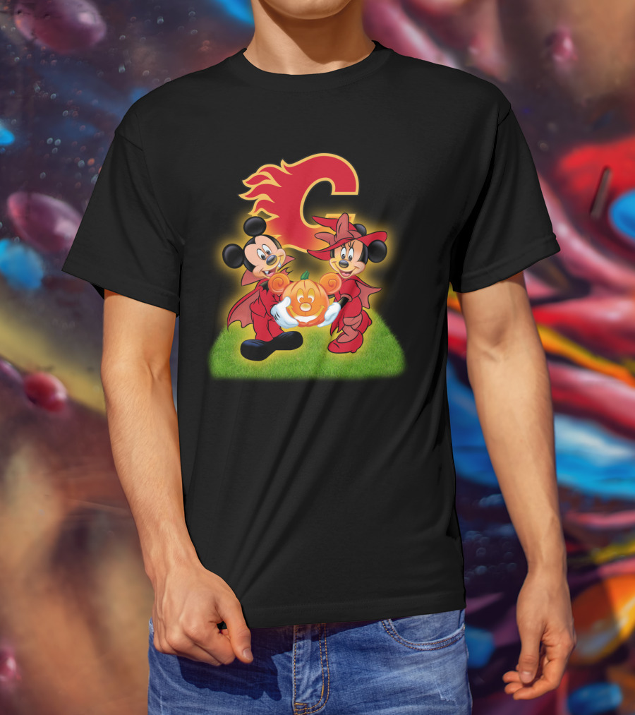 Calgary Flames Mickey And Minnie Halloween Pumpkin T-Shirt