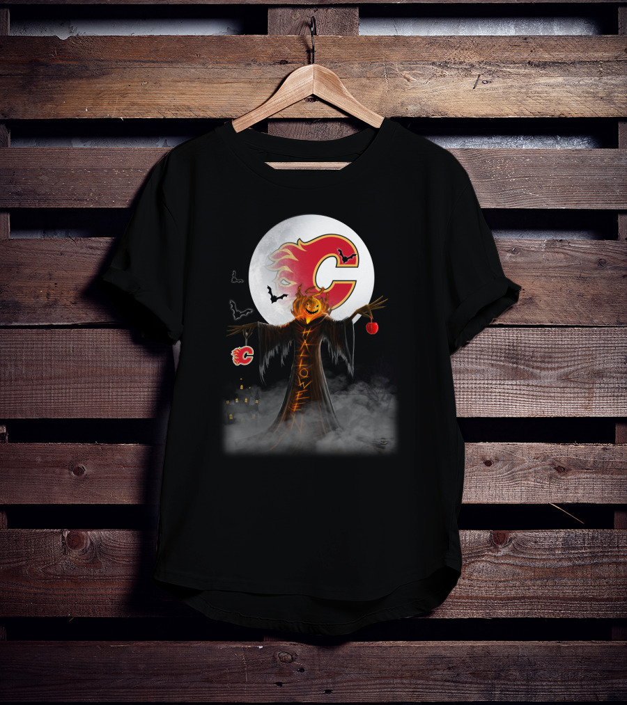 Halloween Calgary Flames Spooky Pumpkin Head With Full Moon And Bats T-Shirt
